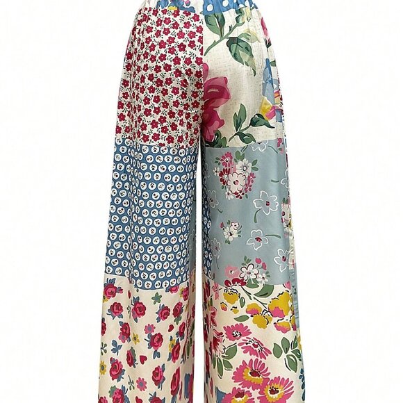 Multicolor Boho Women's Flower & Leaf Print Drawstring Pocket pants - Picture 3 of 3